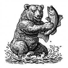 Bear catching fish in water with splash, detailed rustic woodcut style illustration