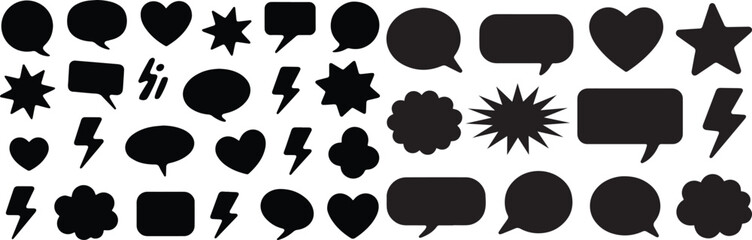 Comic-style empty chat balloons and black dialogue boxes, silhouette boxes,  with outlined elements featuring cloud, star, heart, and lightning motifs.