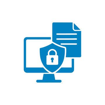 illustration showing shield with padlock, document, and chart. Represents cybersecurity, data loss prevention, data protection and secure information management. Isolated on white background.