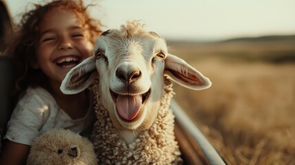 A cheerful young girl plays with a friendly sheep, both smiling joyfully in a serene countryside landscape filled with golden fields under the warm sunlight.