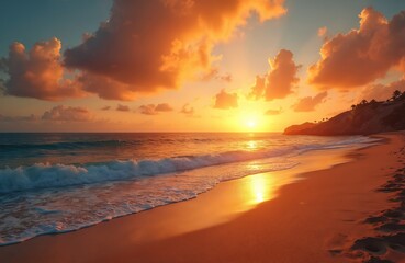 Obraz premium Vibrant sunset on Atlantic coast of Sal island in Cape Verde. Warm colors of orange, red reflect in ocean. Sun setting behind beach palm trees, rocks. Tropical paradise atmosphere, vacation, travel.