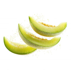 Floating Green Melon Slices Isolated on Transparent Background