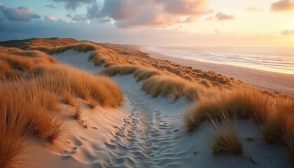 Dune top view North Sea coast at sunset. Path leads through sandy dunes to the ocean shore. Golden grass, sand, blue sky with clouds. Peaceful vacation scenery. Coastal travel eco concept.