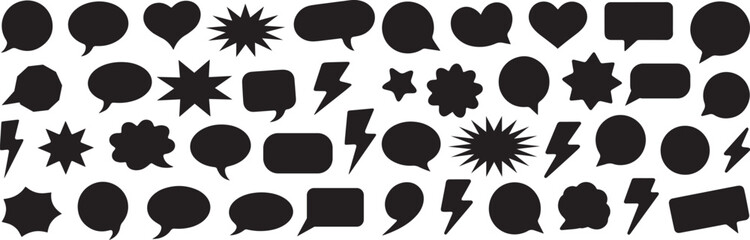 A mix of black chat box designs, comic bubbles, silhouette boxes, and empty speech silhouettes, complete with outlined heart, star, and lightning shapes.