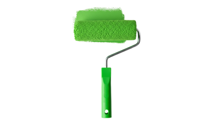 Green paint roller with fresh paint on transparent background