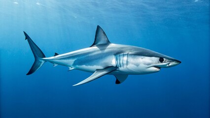 Fototapeta premium A powerful Shortfin Mako shark swims gracefully through the clear, sunlit blue ocean waters, its sleek body and distinctive fin visible, showcasing its natural habitat and predatory elegance