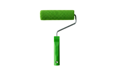 Green paint roller with fresh paint on transparent background