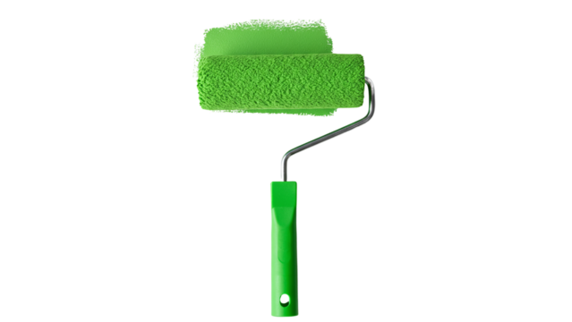 Green paint roller with fresh paint on transparent background