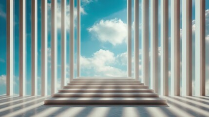 Experience an abstract artistic representation of a staircase leading into a picturesque sky, evoking feelings of hope, aspiration, and the pursuit of dreams.