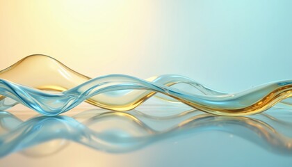 Fototapeta premium Abstract glass waves with reflection on soft color background. Fluid, dynamic glass wave design, clean lines with bright colours, glass art, elegant minimal design, smooth modern design with