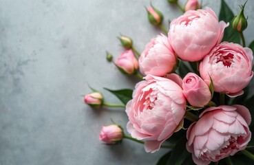Elegant pink peonies roses against grey backdrop. Delicate blooms with petals, buds with green leaves. Flowers create romantic, wedding, valentine mood. Floral decor concept for design, cards,