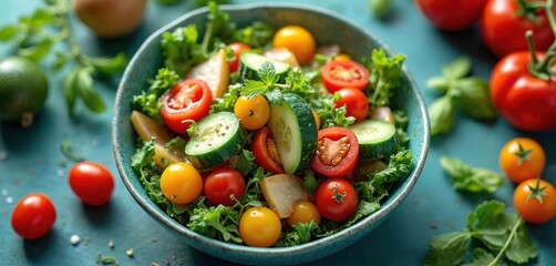 Fresh organic salad dish with ripe tomatoes, cucumber, greens, in a bowl. Healthy food lifestyle, dieting, vegan, vegetarian cuisine, for lunch or dinner. Tasty summer meal.