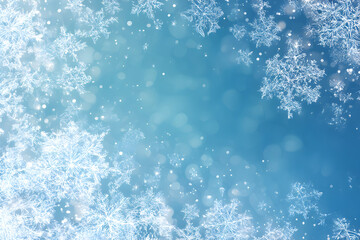 Delicate snowflakes falling on a soft blue background, creating a magical winter wonderland with bokeh lights, perfect for festive holiday cards and elegant seasonal designs