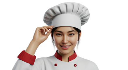 Smiling Asian female chef wearing a classic white hat and uniform posing cheerfully