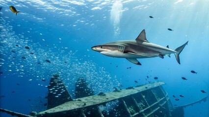 A "magnificent shark swims gracefully above a sunken shipwreck on the ocean floor", surrounded by schools of vibrant tropical fish, creating a stunning underwater scene