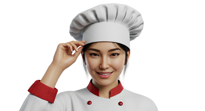 Smiling Asian female chef wearing a classic white hat and uniform posing cheerfully - Powered by Adobe