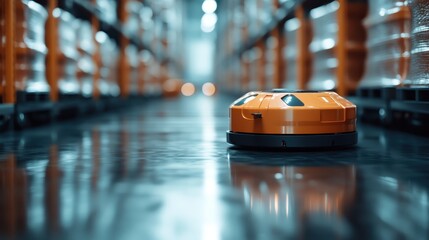A sleek, automated robot navigates through a contemporary warehouse, illustrating the integration of technology and efficiency in modern logistics and inventory management.