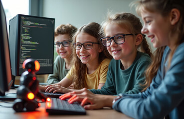 Group of kids, wearing eyeglasses, learns programming. They work on computers, study code, and interact with robot. Children excited about modern tech. Programming, coding, computer science for kids.