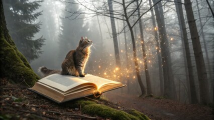 Cat sitting on an open book in a magical forest scene for International Cat Day  