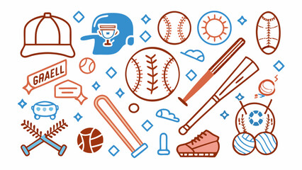 Fototapeta premium Baseball Colorful Line Art Icons – Bats, Balls, Helmets, Jerseys, Equipment