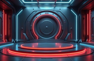 Futuristic sci-fi stage with neon lights and spaceship door. Metallic platform interior design, empty space. Digital render with blue red purple glow. Cyberpunk technology background for gaming.