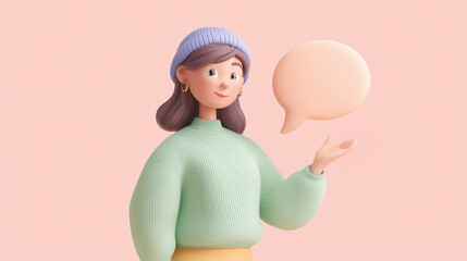 3d female avatar character with a speech bubble icon on pastel background, modern cartoon assistant illustration for chatbot interface, customer support, help center, or web onboarding screens