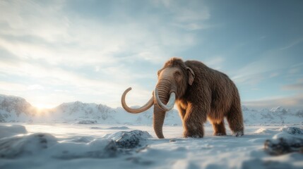 A realistic depiction of a mammoth standing majestically in a snowy landscape, showcasing its impressive tusks against a breathtaking mountainous backdrop at sunset.