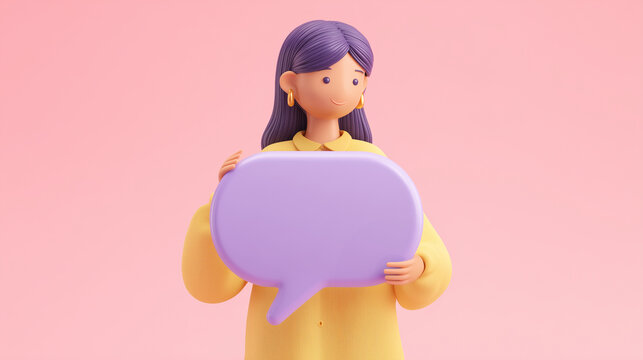 3d female avatar character with a speech bubble icon on pastel background, modern cartoon assistant illustration for chatbot interface, customer support, help center, or web onboarding screens