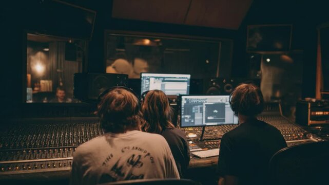 Studio Recording Session: A team of music producers and engineers collaborate on a project in a professional recording studio, focused intently on their computer screens and mixing board.