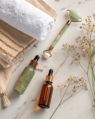 Flatlay of a minimalist skincare routine: dropper bottles, jade roller, soft towel, dry flowers, on marble or beige background. Soft shadows, clean spa vibe.