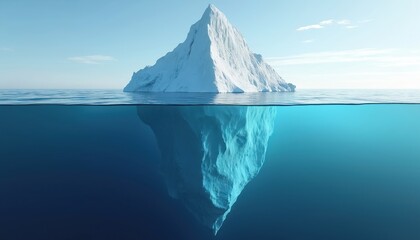 Large iceberg floats in ocean. Underwater view reveals hidden part. Climate change, global warming concept. Symbol of danger, risk, environment issues, melting ice, rising sea level.