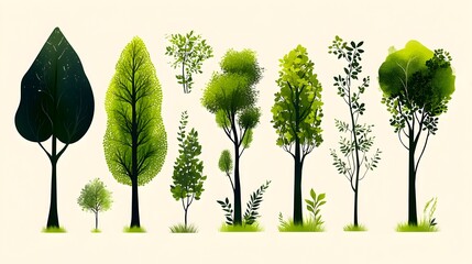 Fototapeta premium A digital illustration showcasing a diverse collection of stylized trees, varying in height, shape, and foliage density, rendered in a painterly, 