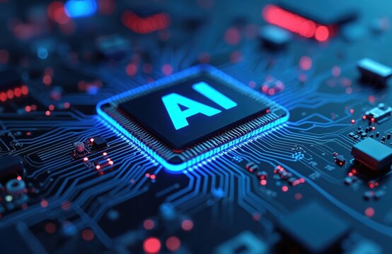 Close-up circuit board AI chip with blue lights. Modern tech environment. Artificial intelligence computing, digital innovation, future tech, modern design, processing.