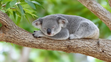 Sleeping Koala on Tree Branch - Adorable koala bear resting peacefully on a tree branch, surrounded by lush green foliage