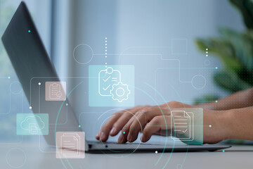 Close-up of hands typing on laptop with overlay of checklist and gear icons for document automation.