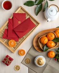 Flatlay of traditional Chinese New Year elements: red envelopes, mandarin oranges, bamboo tray, tea set, and golden ingots. Light, elegant presentation with modern touch.