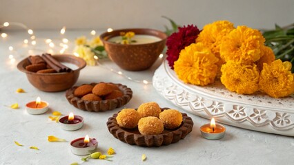Minimalist Diwali decor with traditional diyas (lamps), marigold flowers, and sweets on a neutral background. Clean and less saturated style, softly glowing lights.