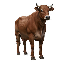 Brown muscular bull standing isolated on transparent background