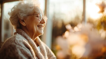 An elderly woman, with glasses and a warm smile, basking in the soft morning light, embodying joy, wisdom, and a lifetime of cherished memories and experiences.