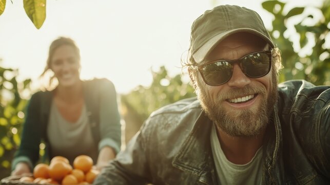 A smiling couple proudly displays their harvest of fresh oranges in a sunlit field, illustrating teamwork and the joy of farming together under the warm sun.