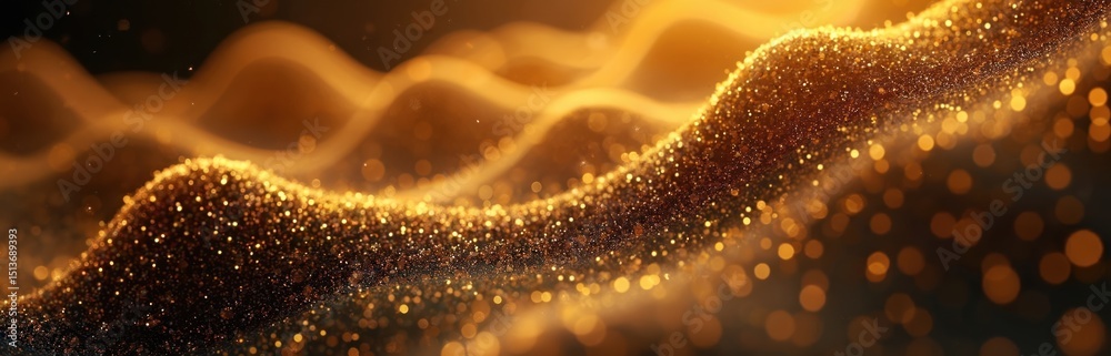 Aufkleber Abstract gold particles wave background. Dynamic mesh of golden glitter dust flowing. Gold bokeh lights, data technology, futuristic design, golden abstract shapes on dark background.