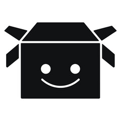 food delivery box with a smile, A simple, black and white icon of an open box with a happy face.