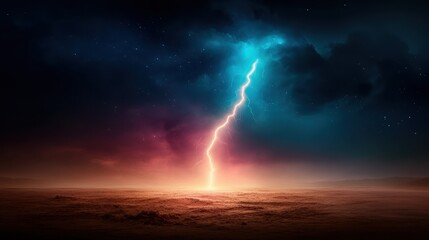 A breathtaking view of a dramatic lightning strike illuminating the dark night sky, showcasing the raw power of nature emerging from a surreal cosmic backdrop over the land.