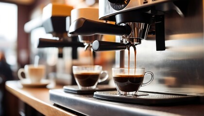 Freshly brewed coffee pouring out of the coffee machine on a blurred restaurant background, created with generative ai