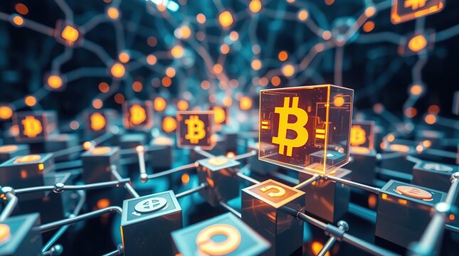 Cryptocurrency network.  Transparent block with Bitcoin symbol, interconnected nodes