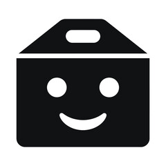 food delivery box with a smile, A simple, black and white icon of an open box with a happy face.