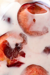 yogurt with berry slices, jar with cherry yogurt with fresh cherries