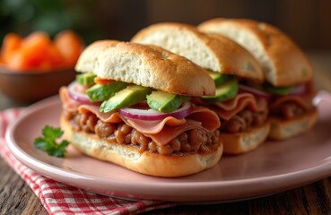 Mexican torta sandwich. Torta de jamon popular Mexican sandwich, made with bolillo bread, ham, beans, avocado slices, onion rings. Dish served on plate on table, culinary delight, popular in Mexico.