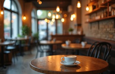 Cozy coffee shop interior with warm lighting, wooden tables, cappuccino cup. Cafe design, bokeh background. Lifestyle photo. Perfect for cafe, eatery, advertising, coffee business, menu, promotion.