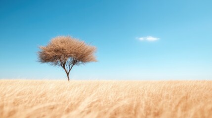 A solitary tree stands majestically in a vast golden field under a clear blue sky, symbolizing resilience and tranquility in a simple yet breathtaking landscape.